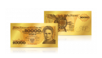Replika banknotu 20 000 zł w złocie z wizerunkiem Marii Skłodowskiej-Curie
