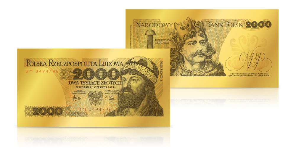 Replika banknotu 2000 zł w złocie z wizerunkiem Mieszka I i Bolesława Chrobrego