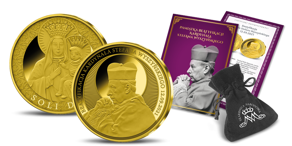   kardynał stefan wyszyński na medalu z okazji beatyfikacji platerowanie czyste złoto