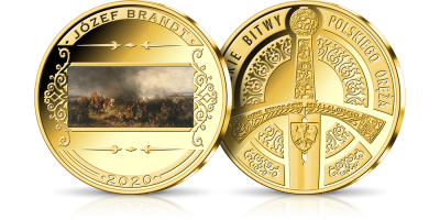 Bitwa pod Chocimiem - obraz Józefa Brandta na medalu platerowanym czystym złotem 