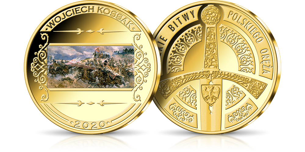 Bitwa pod Kircholmem - obraz Wojciecha Kossaka uwieczniony na medalu platerowanym złotem