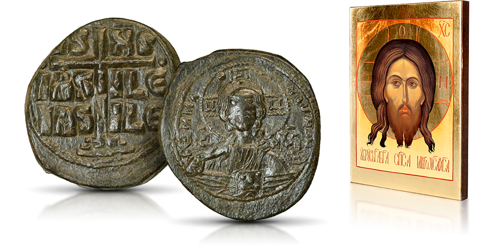 zestaw bizantyjska moneta z Chrystusem oraz ikona