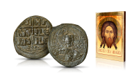 zestaw bizantyjska moneta z Chrystusem oraz ikona