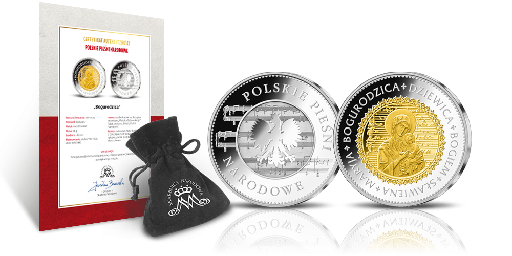 Bogurodzica - medal pamiątkowy uszlachetniony czystym srebrem i złotem z Certyfikatem Autentyczności i welurowym woreczkiem z logo Skarbnicy Narodowej Bogurodzica - medal pamiątkowy uszlachetniony czystym srebrem i złotem z Certyfikatem Autentyczności i welurowym woreczkiem z logo Skarbnicy Narodowej