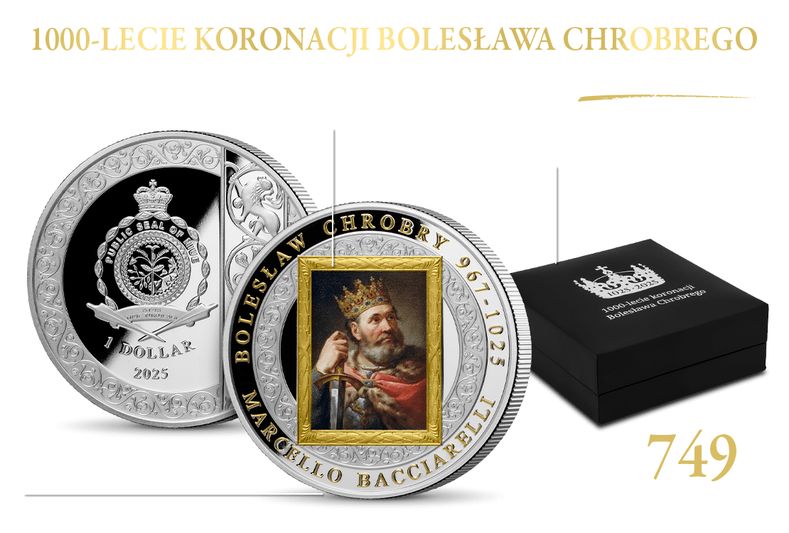 Srebrna moneta z portretem Bolesława Chrobrego w złotej ramie