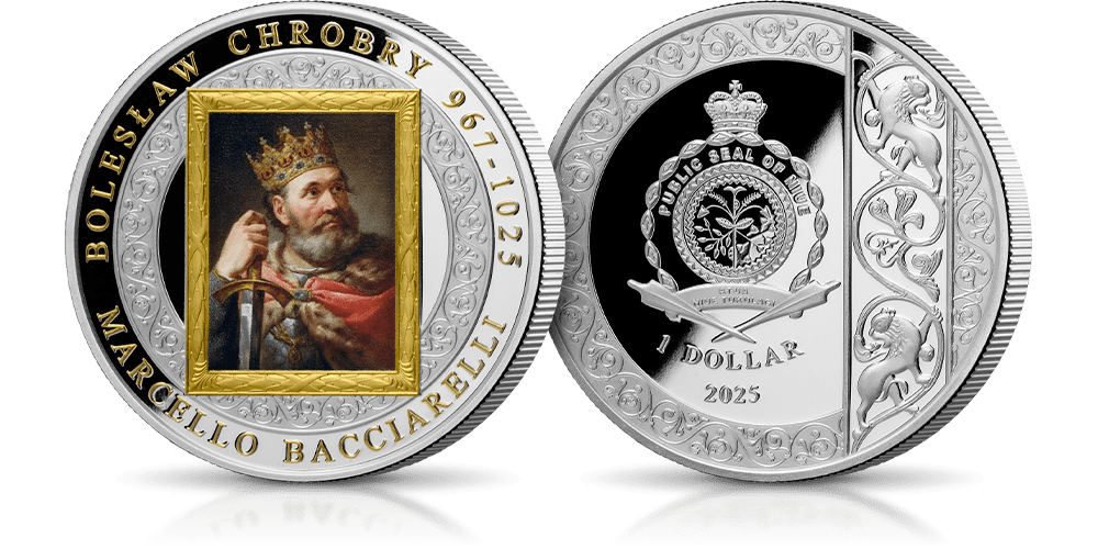 1000-lecie koronacji Bolesława Chrobrego. Jubileuszowa moneta wybita z 1 uncji czystego srebra próby 999/1000, selektywnie platerowana 24-karatowym złotem. Na rewersie kolorowa reprodukcja obrazu M. Bacciarellego.