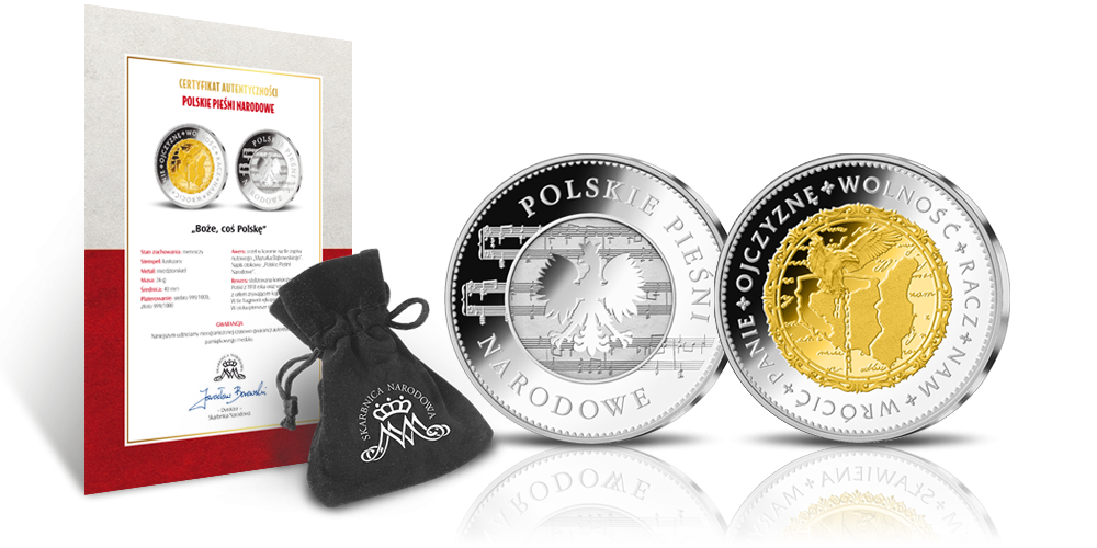Boże, coś Polskę - medal pamiątkowy uszlachetniony czystym srebrem i złotem z Certyfikatem Autentyczności i welurowym woreczkiem z logo Skarbnicy Narodowej