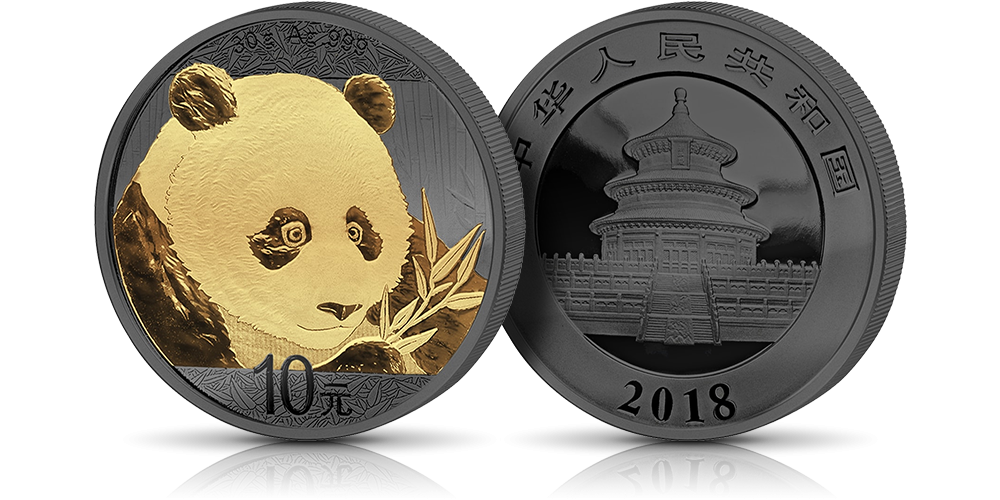 Chińska panda z gałązką na srebrnej monecie wykończonej czarnym rutenem i czystym złotem. Świątynia Nieba. Rok emisji 2018 Chińska panda z gałązką na srebrnej monecie wykończonej czarnym rutenem i czystym złotem. Świątynia Nieba. Rok emisji 2018