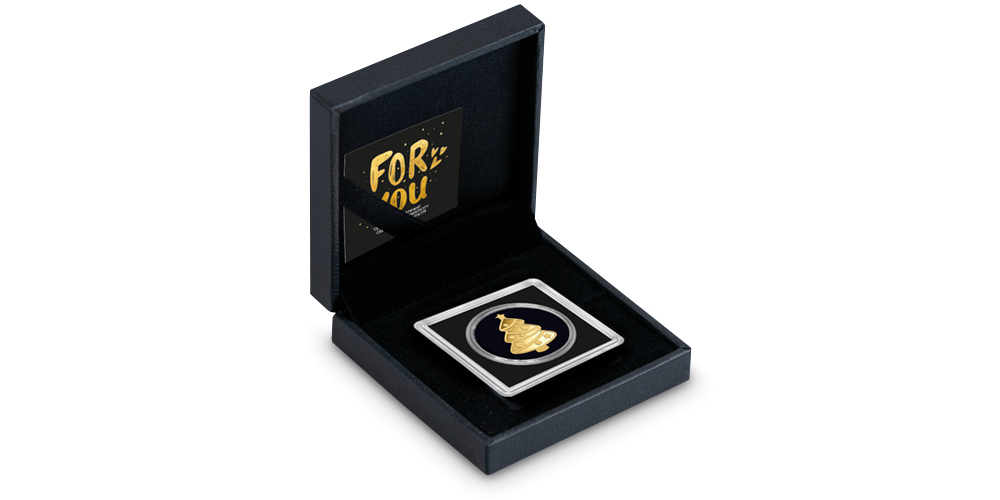 Złota moneta w kształcie choinki - pudełko