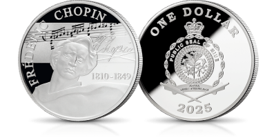 Fryderyk Chopin - srebrna moneta o masie 10 g wybita z okazji 215. rocznicy urodzin kompozytora