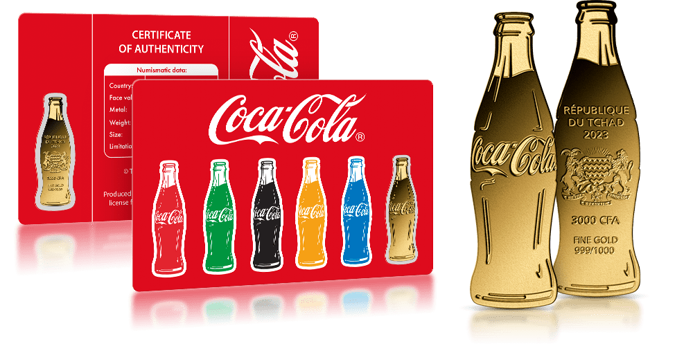 Złota moneta w kształcie butelki Coca-Coli.