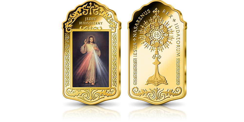   jezus miłosierny na medalu uszlachetnionym złotem