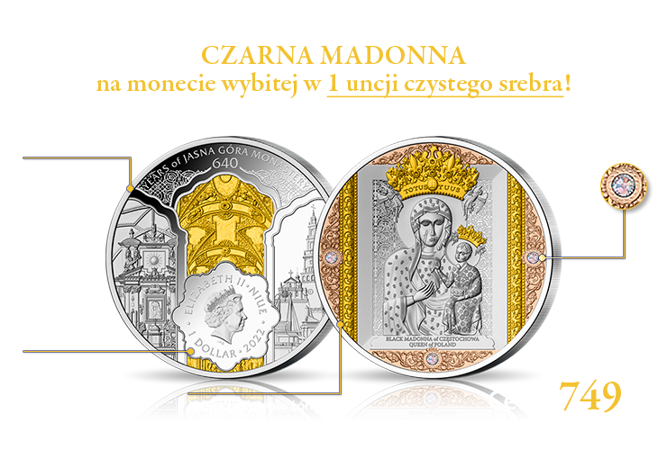 Czarna Madonna na uszlachetnionej złotem i ozdobionej kryształkami monecie wybitej w 1 uncji czystego srebra!