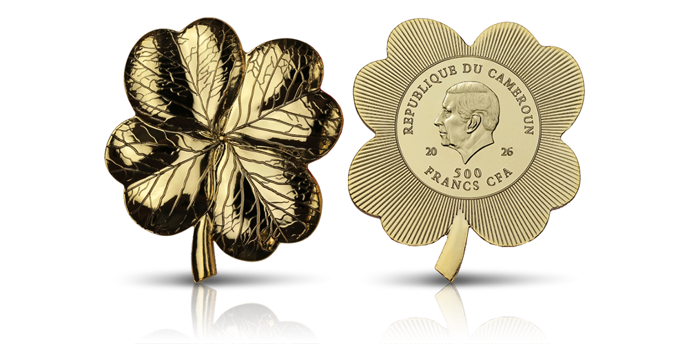 Uszlachetniona czystym złotem moneta w kształcie czterolistnej koniczyny.