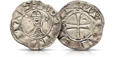 Unikalny srebrny denar hełmowy walecznych rycerzy krzyżowców