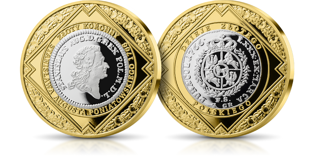 Dzieje Złotego - platerowany złotem i srebrem medal z repliką złotówki Stanisława Augusta Poniatowskiego  kolekcja-dzieje-zlotego-zloty-koronny-poniatowskiego-1766