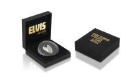 Elvis Presley - oficjalna srebrna moneta w kształcie kostki gitarowej (plektron). Elegancka szkatuła z oficjalnym logo i podpisem Elvisa Presleya.
