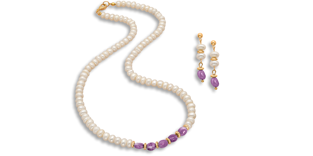 biżuteria: naszyjnik z pereł i ametystów, kolczyki, pudełko
