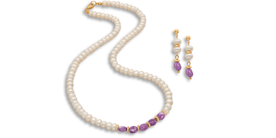 Elegancka biżuteria z pereł i ametystu: naszyjnik, kolczyki, pudełko