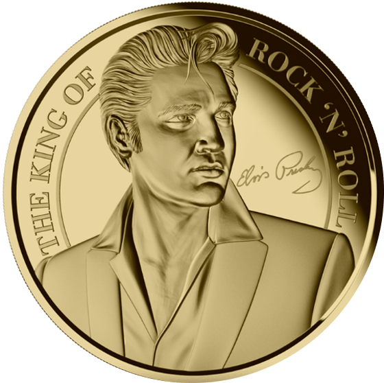 Oficjalna złota moneta o masie 3,11 g czystego złota - portret Elvisa Presleya i jego oficjalny podpis