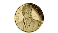 Oficjalna złota moneta o masie 3,11 g czystego złota - portret Elvisa Presleya i jego oficjalny podpis