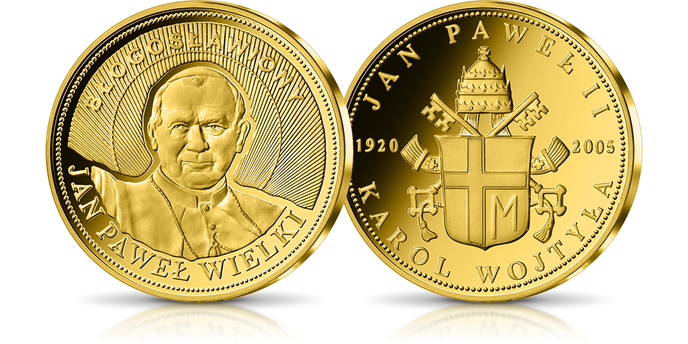 Uszlachetniony czystym zlotem medal upamiętniajacy Jana Pawła II - Jan Pawel II powołany do świetości
