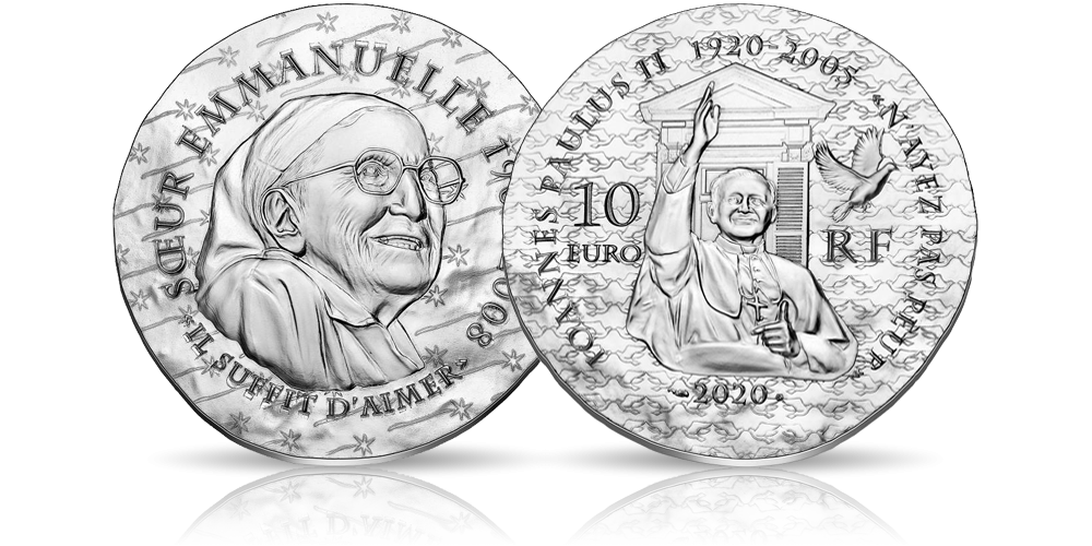 Siostra Emmanuella i Jan Paweł II na srebrnej monecie. Siostra Emmanuella i Jan Paweł II na srebrnej monecie.