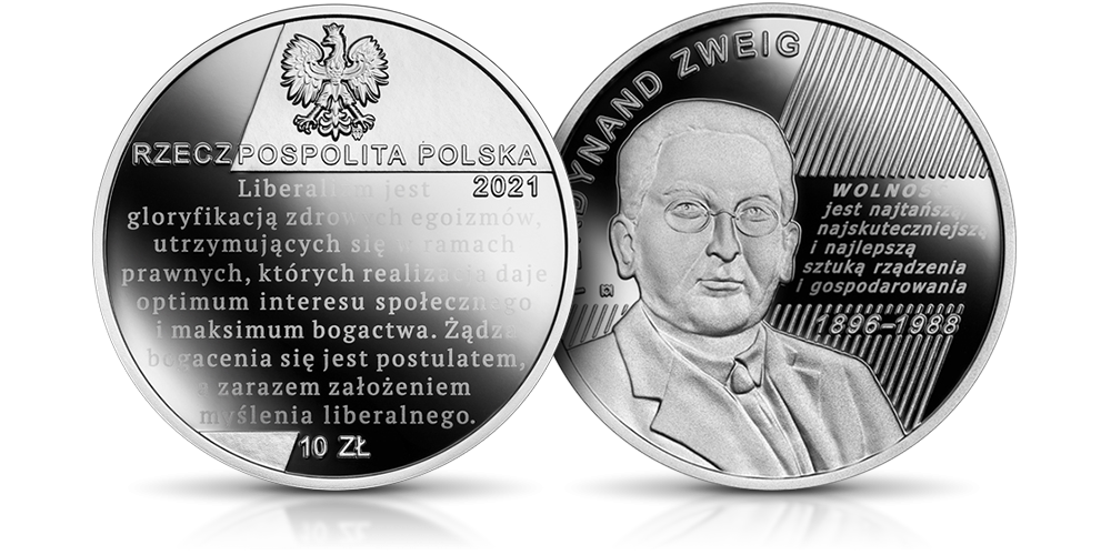 Ferdynand Zweig na srebrnej monecie NBP.