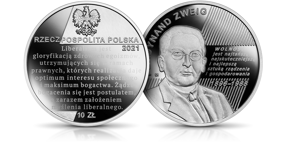 Ferdynand Zweig na srebrnej monecie NBP. Ferdynand Zweig na srebrnej monecie NBP.