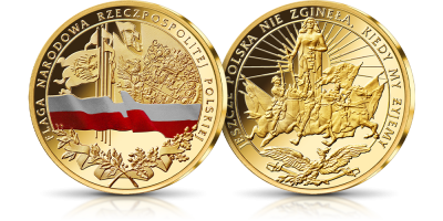Flaga narodowa RP na pamiątkowym medalu uszlachetnionym czystym złotem 