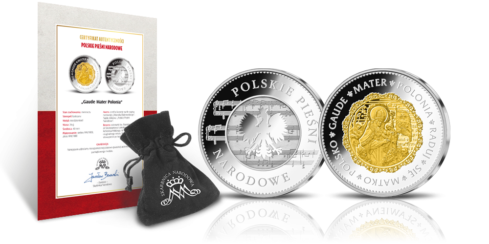 Gaude Mater Polonia - medal pamiątkowy uszlachetniony czystym srebrem i złotem z Certyfikatem Autentyczności i welurowym woreczkiem z logo Skarbnicy Narodowej Gaude Mater Polonia - medal pamiątkowy uszlachetniony czystym srebrem i złotem z Certyfikatem Autentyczności i welurowym woreczkiem z logo Skarbnicy Narodowej