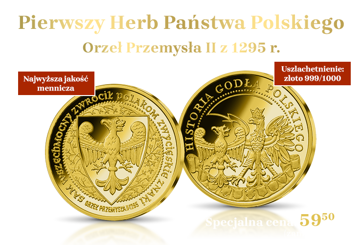 Pierwszy Herb Państwa Polskiego na medalu uszlachetnionym 24-karatowym złotem