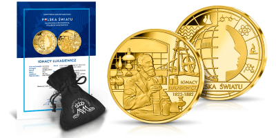 Ignacy Łukasiewicz - pamiątkowy medal uszlachetniony czystym złotem w woreczku