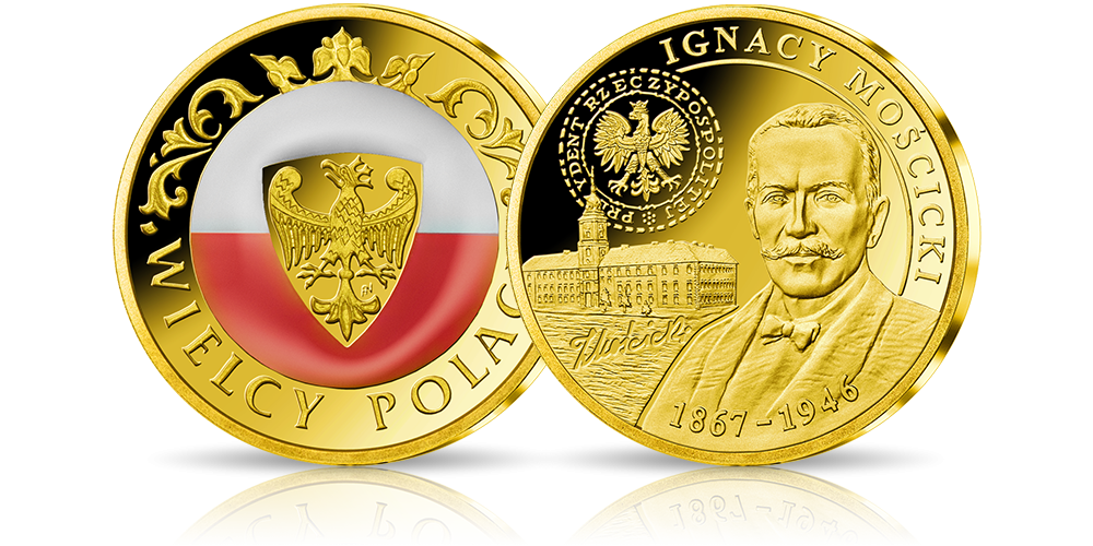 Ignacy Mościcki na złotym medalu z emalią Ignacy Mościcki na złotym medalu z emalią