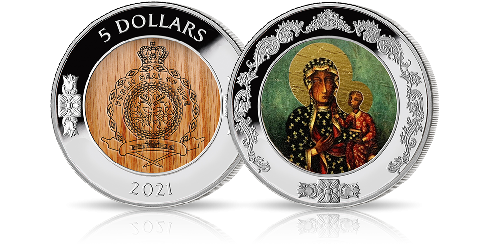 Czarna Madonna na srebrnej monecie z drewnem dębowym.