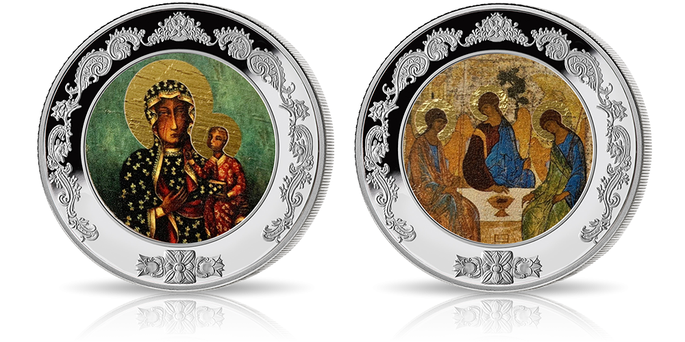 Zestaw dwóch srebrnych monet Ikony Sztuki Chrześcijańskiej.