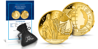 Jan Heweliusz - pamiątkowy medal uszlachetniony czystym złotem w woreczku