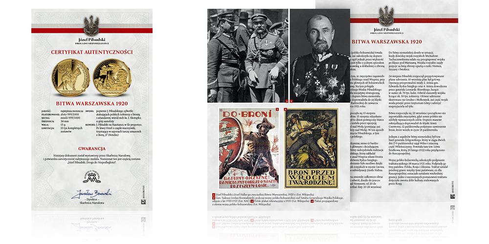  Karty historyczne i Certyfikaty Autentyczności - kolekcja platerowanych złotem medlai Józef Piłsudski. Droga do Niepodległości