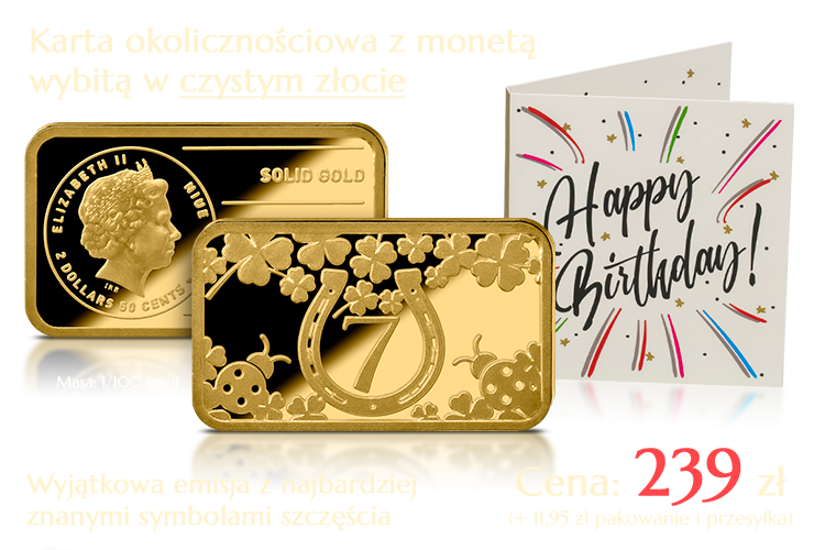 Karta urodzinowa z monetą wybitą w czystym złocie