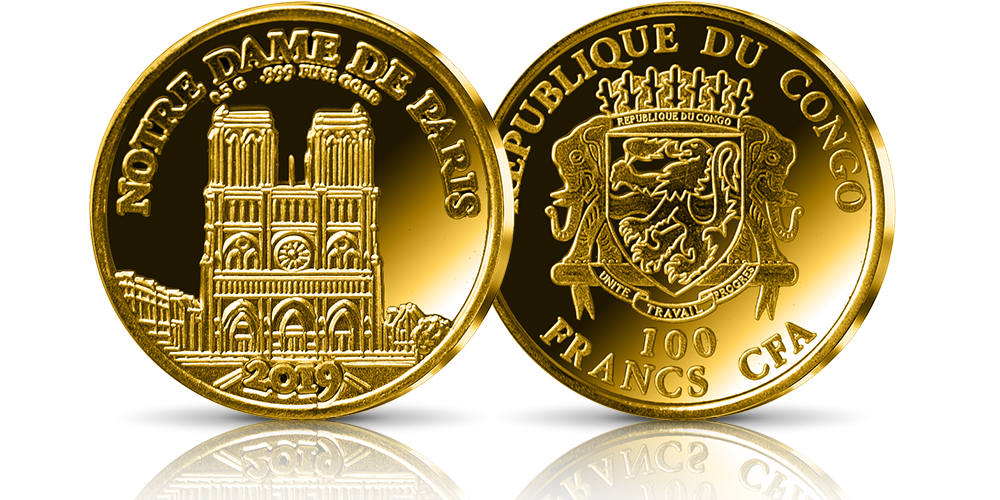 Katedra Notre-Dame na oficjalnej monecie wybitej w czystym złocie. Katedra Notre-Dame na oficjalnej monecie wybitej w czystym złocie.