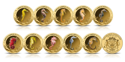 Koniki morskie - 10 złotych monet z kolorowym nadrukiem