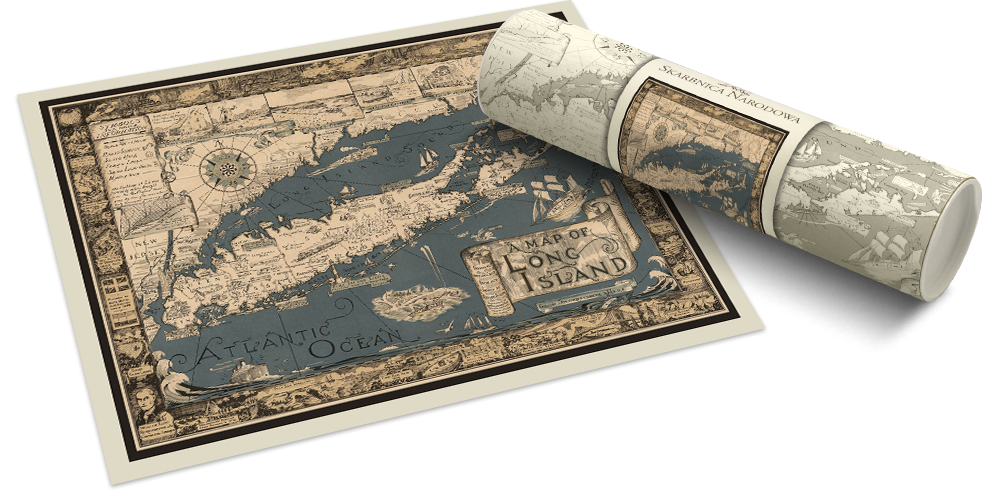 Reprodukcja mapy Long Island z 1933 roku w specjalnej tubie ochronnej Reprodukcja mapy Long Island z 1933 roku w specjalnej tubie ochronnej