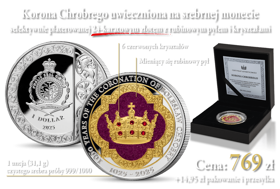 Korona Chrobrego na srebrnej monecie ozdobionej złotem, rubinowym pyłem i kryształami