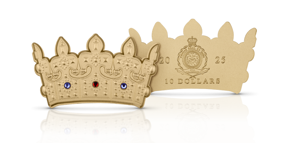 Jubileuszowa złota moneta w unikalnym kształcie korony Chrobrego wybita w 1/5 uncji czystego złota próby 999/1000, ozdobiona ręcznie trzema kryształami.