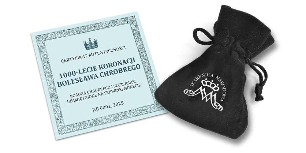 Akcesoria do monety GRATIS! Numerowany Certyfikat Autentyczności monety oraz welurowy woreczek z logo Skarbnicy Narodowej