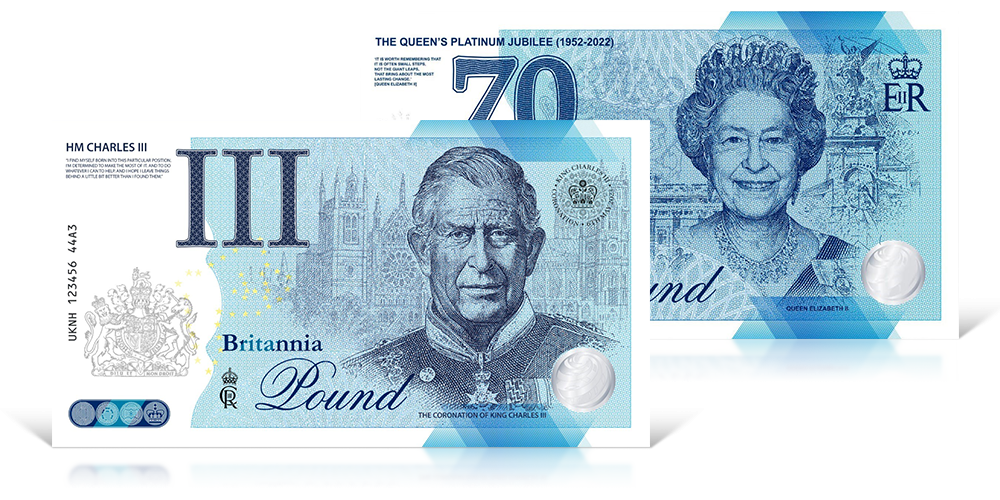 Koronacja Karola III. Zestaw dwóch banknotów kolekcjonerskich.