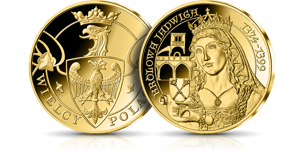 Królowa Jadwiga na medalu pamiątkowym wybitym w 14-karatowym złocie