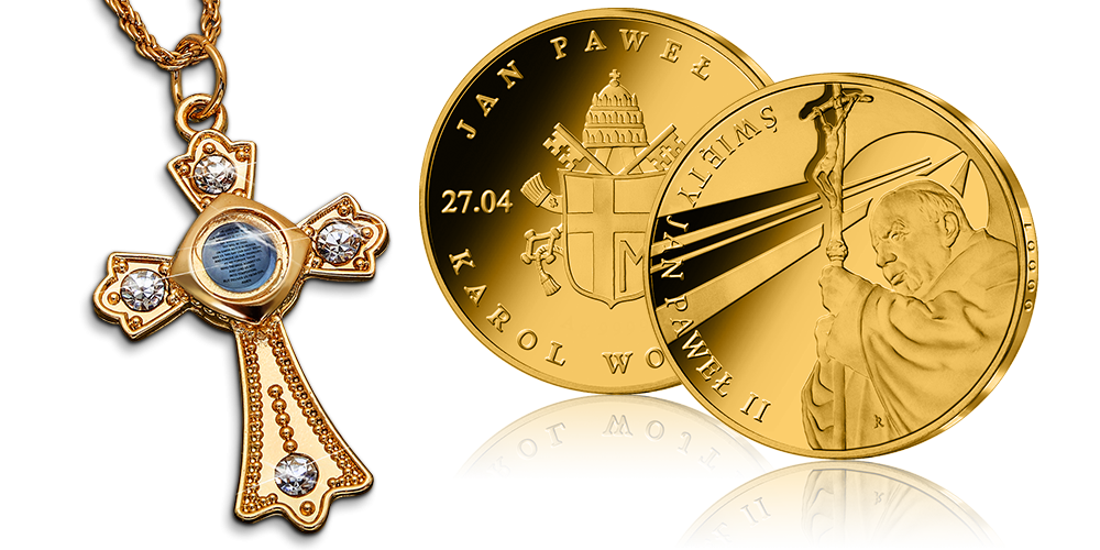 Wyjątkowy zestaw. Krzyż z modlitwą na łańcuszku oraz medal z Janem Pawłem II. Wyjątkowy zestaw. Krzyż z modlitwą na łańcuszku oraz medal z Janem Pawłem II.