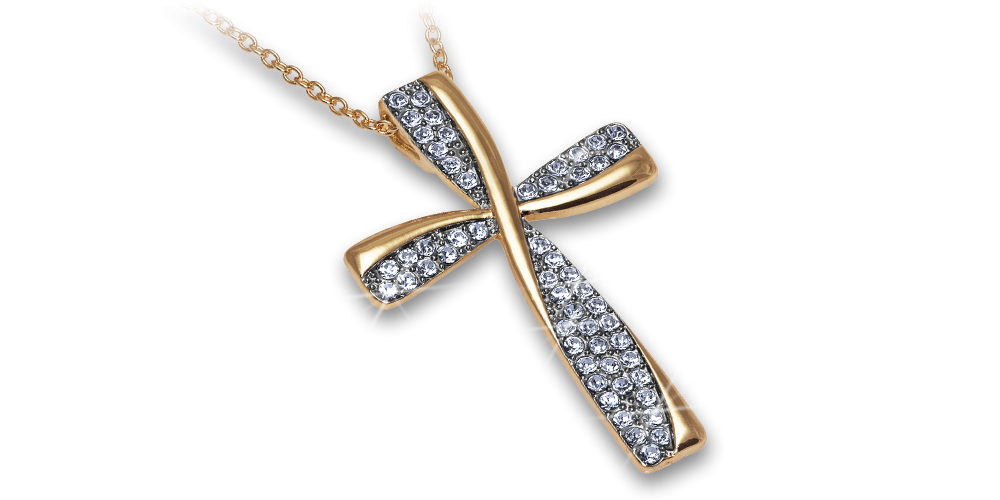 Krzyżyk z łańcuszkiem ozdobiony kryształkami Swarovskiego.