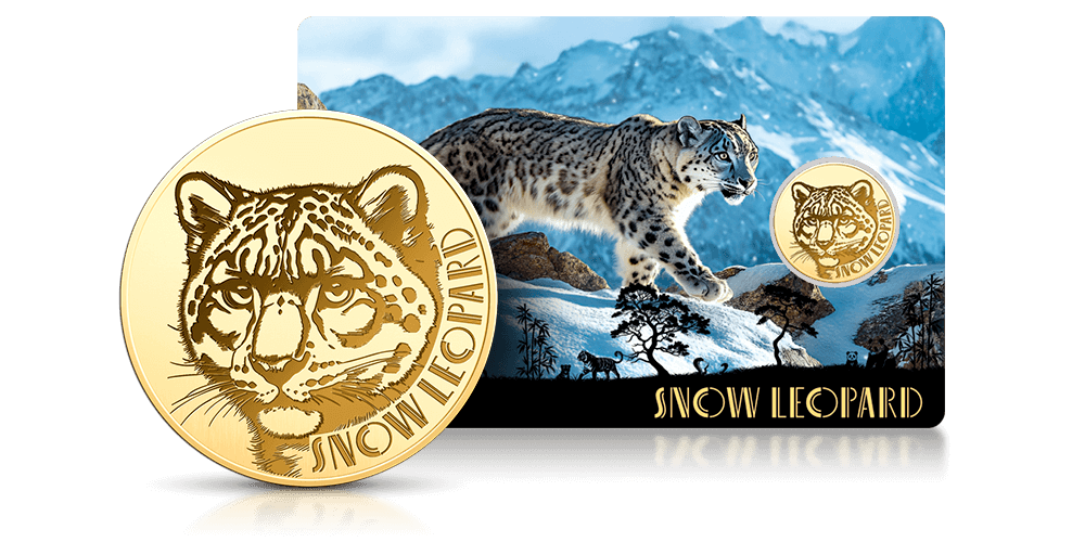 Lampart śnieżny na złotej monecie.